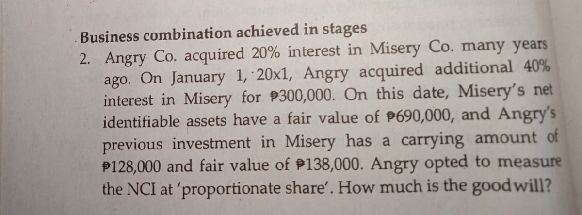 Business combination achieved in stages
2. Angry Co. acquired 20% interest in Misery Co. many years
ago. On January 1, 20x1, Angry acquired additional 40%
interest in Misery for $300,000. On this date, Misery's net
identifiable assets have a fair value of #690,000, and Angry's
previous investment in Misery has a carrying amount of
#128,000 and fair value of #138,000. Angry opted to measure
the NCI at 'proportionate share'. How much is the good will?