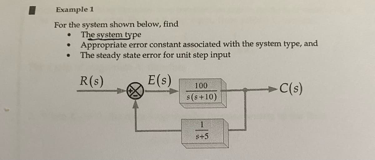 Example 1
For the system shown below, find
The system type
Appropriate error constant associated with the system type, and
The steady state error for unit step input
E(s)
s(s+10)
R(s)
C(s)
100
s+5
