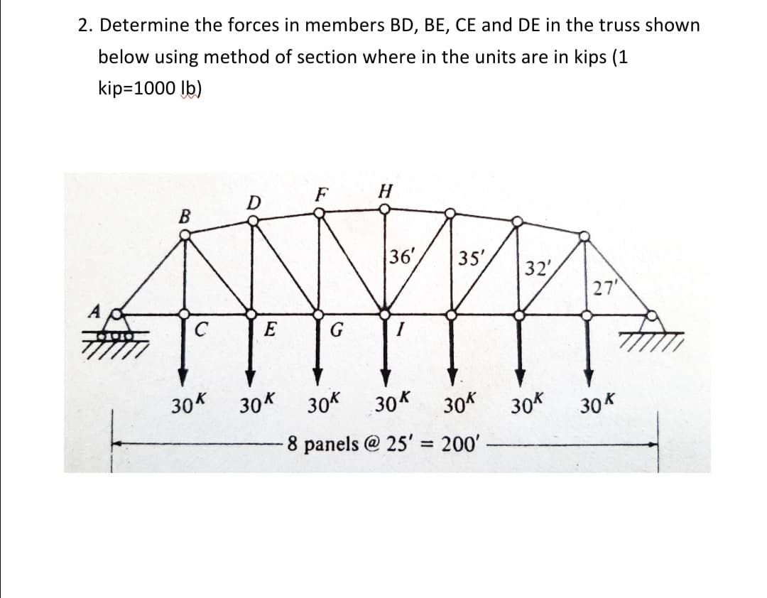 2. Determine the forces in members BD, BE, CE and DE in the truss shown
below using method of section where in the units are in kips (1
kip=1000 lb)
H
B
36'
35'
32'
27'
C
E
G
30*
30K
30*
30*
30*
30*
30*
8 panels @ 25' = 200'
%3D
