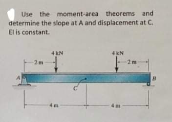 Use the moment-area theorems and
determine the slope at A and displacement at C.
El is constant.
4 kN
4 kN
2 m
2m
4m
4 m
