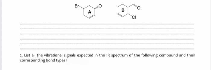 Br
A
B
CI
2. List all the vibrational signals expected in the IR spectrum of the following compound and their
corresponding bond types
