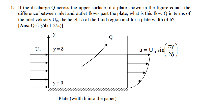 1. If the discharge Q across the upper surface of a plate shown in the figure equals the
difference between inlet and outlet flows past the plate, what is this flow Q in terms of
the inlet velocity U., the height 8 of the fluid region and for a plate width of b?
[Ans: Q=U₁8b(1-2/n)]
U。
y
y = 8
y=0
Q
Plate (width b into the paper)
= U, sin
u =
пу
28