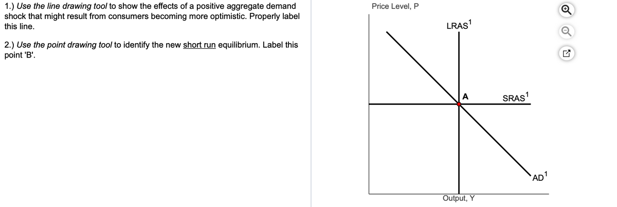 1.) Use the line drawing tool to show the effects of a positive aggregate demand
shock that might result from consumers becoming more optimistic. Properly label
Price Level, P
this line.
LRAS'
2.) Use the point drawing tool to identify the new short run equilibrium. Label this
point 'B'.
SRAS'
AD1
Output, Y
of
