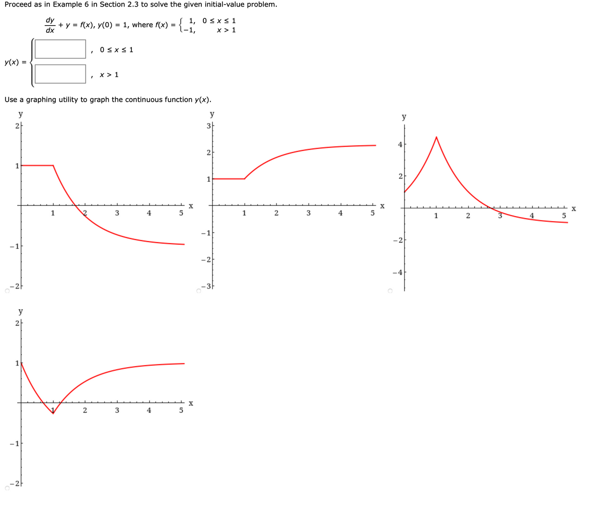 Proceed as in Example 6 in Section 2.3 to solve the given initial-value problem.
dy
+ y = f(x), y(0) = 1, where f(x) =
dx
1, 0<x< 1
-1,
x > 1
0 < x < 1
У(x)
x > 1
Use a graphing utility to graph the continuous function y(x).
y
y
y
2
3-
4
2
1
2
1
1
1
3
4
1
2
4
-1
-2
-1
-2
-4
-2
-3F
y
2
X
3
5
-2-
3.
