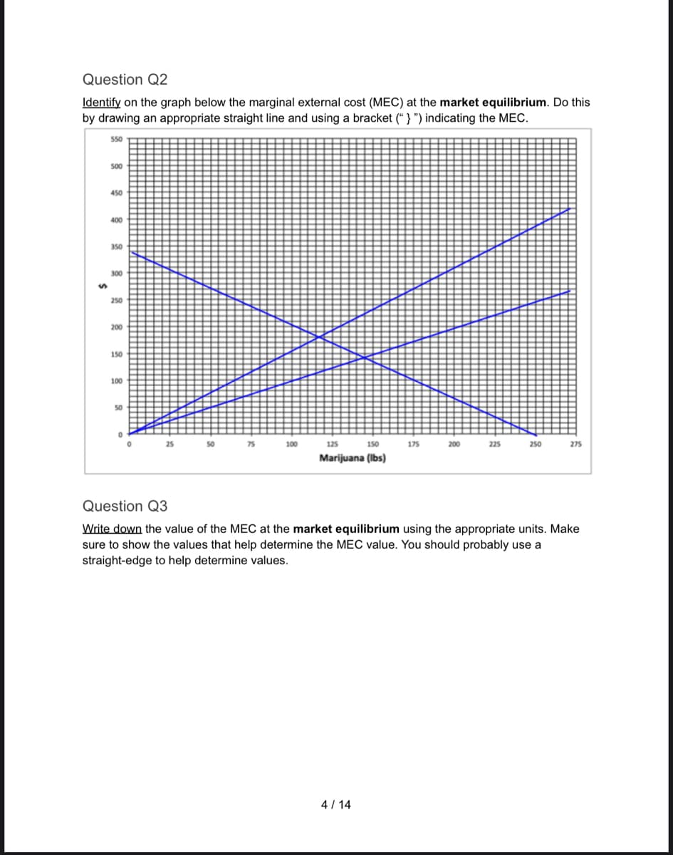 Question Q2
Identify on the graph below the marginal external cost (MEC) at the market equilibrium. Do this
by drawing an appropriate straight line and using a bracket ("}") indicating the MEC.
550
500
450
400
350
300
250
200
150
100
50
100
125
150
Marijuana (lbs)
175
4/14
200
225
250
275
Question Q3
Write down the value of the MEC at the market equilibrium using the appropriate units. Make
sure to show the values that help determine the MEC value. You should probably use a
straight-edge to help determine values.