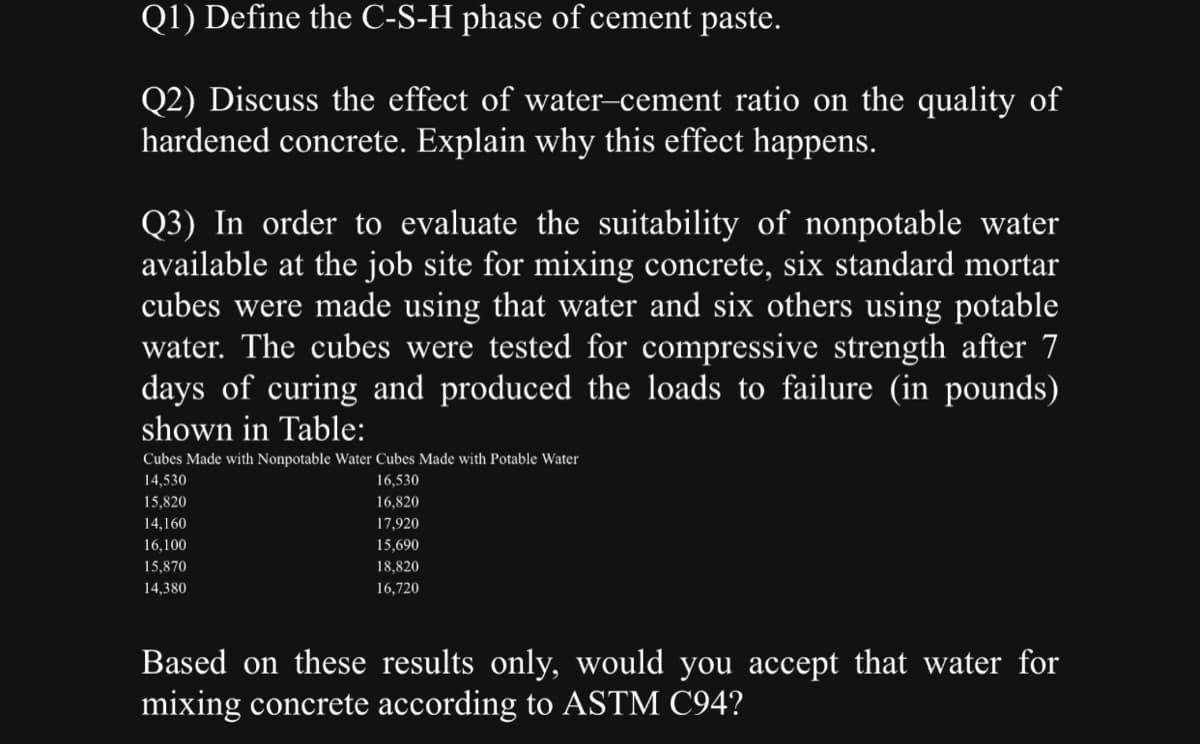 Q1) Define the C-S-H phase of cement paste.
Q2) Discuss the effect of water-cement ratio on the quality of
hardened concrete. Explain why this effect happens.
Q3) In order to evaluate the suitability of nonpotable water
available at the job site for mixing concrete, six standard mortar
cubes were made using that water and six others using potable
water. The cubes were tested for compressive strength after 7
days of curing and produced the loads to failure (in pounds)
shown in Table:
Cubes Made with Nonpotable Water Cubes Made with Potable Water
14,530
16,530
16,820
17,920
15,690
18,820
16,720
15,820
14,160
16,100
15,870
14,380
Based on these results only, would you accept that water for
mixing concrete according to ASTM C94?