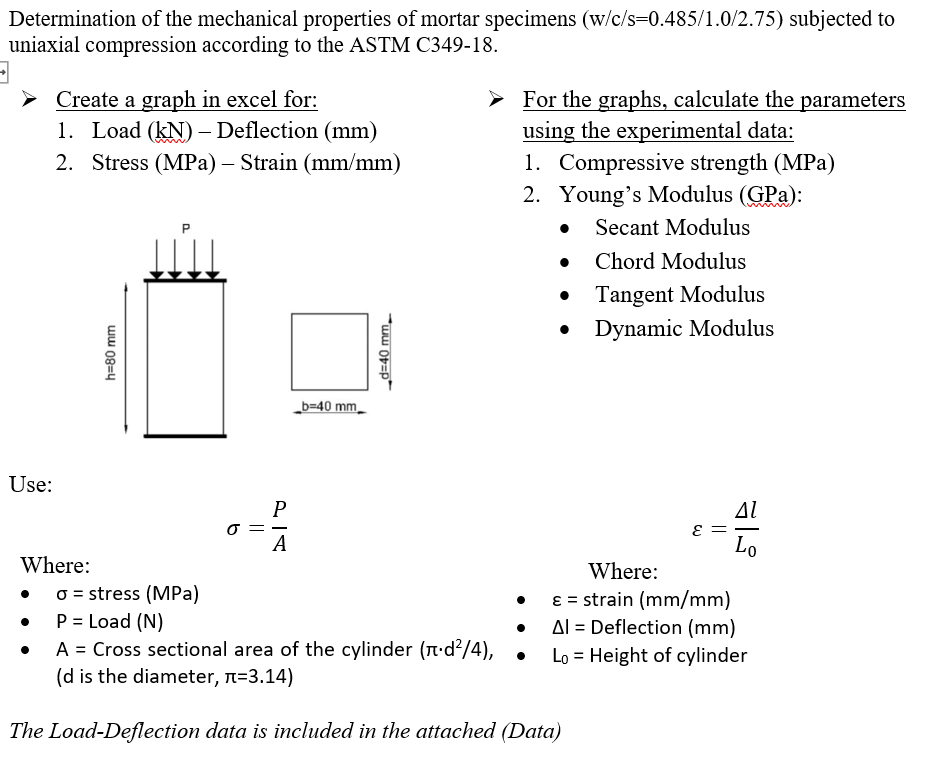 Determination of the mechanical properties of mortar specimens (w/c/s=0.485/1.0/2.75) subjected to
uniaxial compression according to the ASTM C349-18.
➤ Create a graph in excel for:
1. Load (kN) - Deflection (mm)
2. Stress (MPa) – Strain (mm/mm)
h=80 mm
-
_d=40 mm_
➤ For the graphs, calculate the parameters
using the experimental data:
1. Compressive strength (MPa)
2. Young's Modulus (GPa):
Secant Modulus
Chord Modulus
Tangent Modulus
Dynamic Modulus
Use:
Where:
PA
b=40 mm
3
ΔΙ
Lo
•
Where:
ε = strain (mm/mm)
Al Deflection (mm)
Lo = Height of cylinder
•
σ = stress (MPa)
P = Load (N)
•
•
A = Cross sectional area of the cylinder (л.d²/4),
(d is the diameter, л=3.14)
The Load-Deflection data is included in the attached (Data)