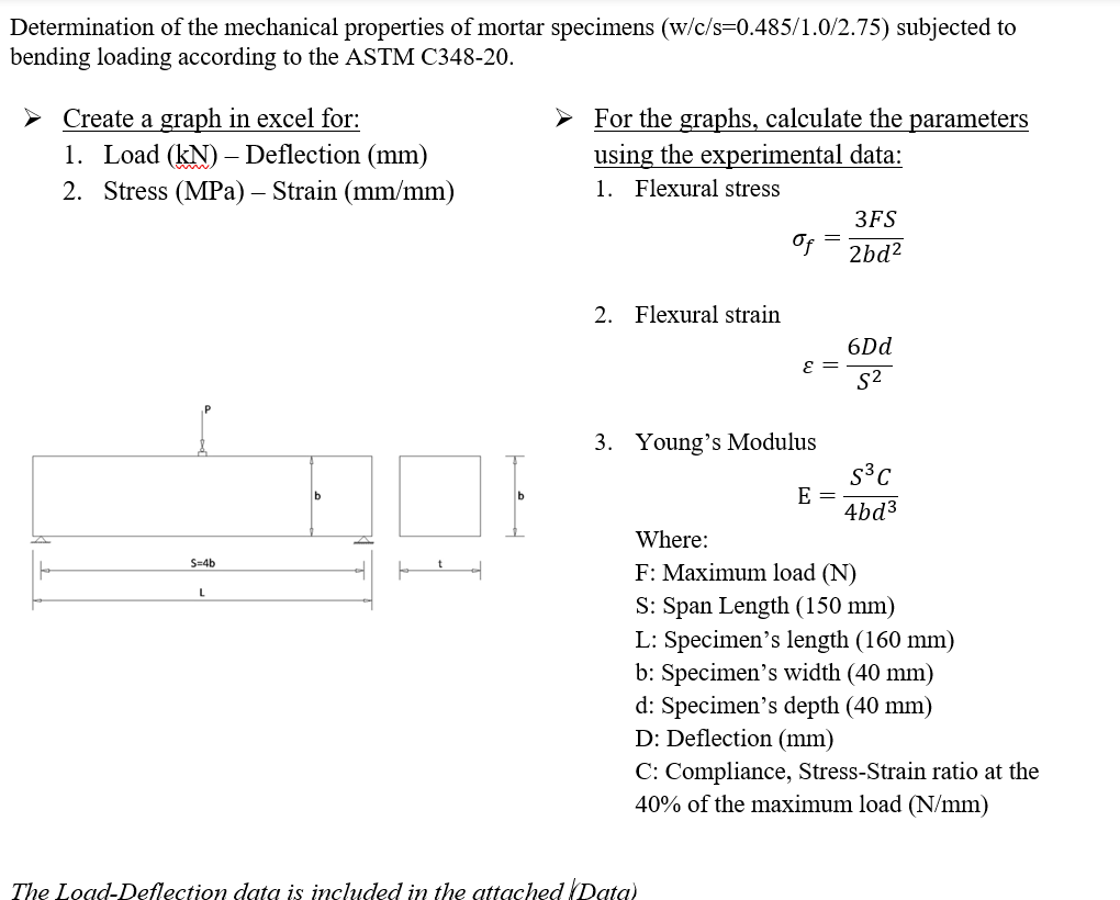 Determination of the mechanical properties of mortar specimens (w/c/s=0.485/1.0/2.75) subjected to
bending loading according to the ASTM C348-20.
➤ Create a graph in excel for:
1. Load (kN) Deflection (mm)
_
2. Stress (MPa) - Strain (mm/mm)
➤ For the graphs, calculate the parameters
using the experimental data:
1. Flexural stress
2. Flexural strain
3FS
Of
2bd2
6Dd
E =
S²
3. Young's Modulus
Where:
S³ C
E =
4bd3
S-4b
L
The Load-Deflection data is included in the attached (Data)
F: Maximum load (N)
S: Span Length (150 mm)
L: Specimen's length (160 mm)
b: Specimen's width (40 mm)
d: Specimen's depth (40 mm)
D: Deflection (mm)
C: Compliance, Stress-Strain ratio at the
40% of the maximum load (N/mm)