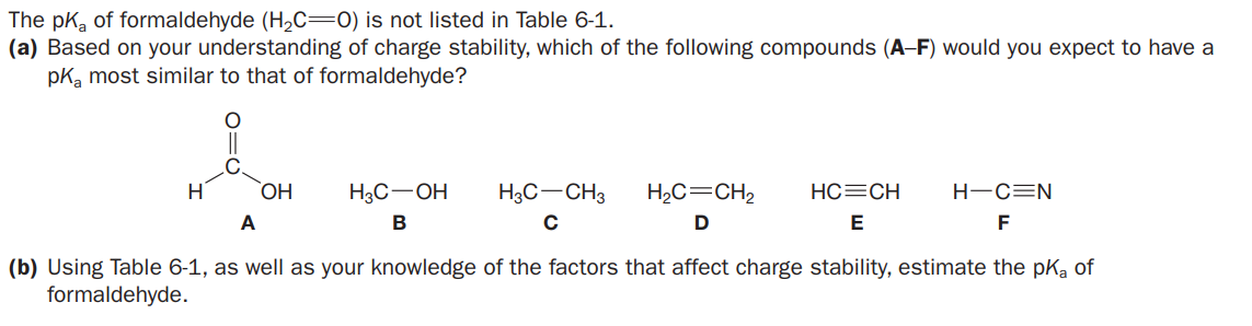 The pka of formaldehyde (H2C=0) is not listed in Table 6-1.
(a) Based on your understanding of charge stability, which of the following compounds (A-F) would you expect to have a
pKa most similar to that of formaldehyde?
C.
H
H3C-OH
H3C-CH3
H,C=CH2
HC=CH
H-C=N
HO.
A
В
E
F
(b) Using Table 6-1, as well as your knowledge of the factors that affect charge stability, estimate the pka of
formaldehyde.
