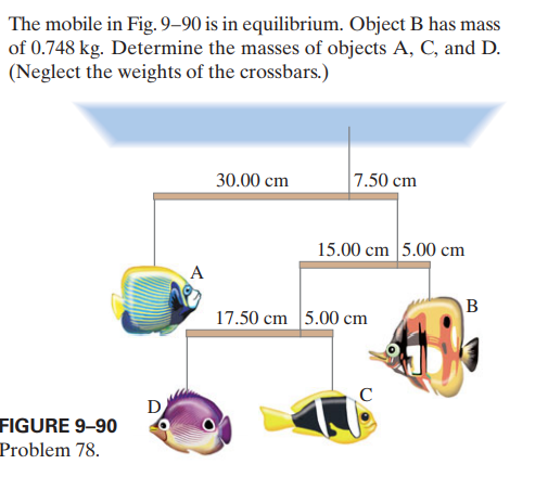 The mobile in Fig. 9–90 is in equilibrium. Object B has mass
of 0.748 kg. Determine the masses of objects A, C, and D.
(Neglect the weights of the crossbars.)
30.00 cm
| 7.50 cm
15.00 cm 5.00 cm
A
B
17.50 cm 5.00 cm
D
FIGURE 9–90
Problem 78.
