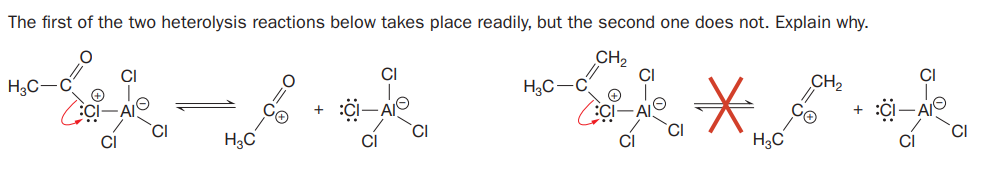 The first of the two heterolysis reactions below takes place readily, but the second one does not. Explain why.
CH2
CI
H3C
H3C
ECi-AI
CI
CI
CI
H3C
H3C

