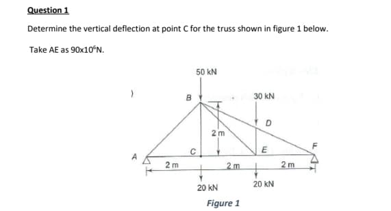 Question 1
Determine the vertical deflection at point C for the truss shown in figure 1 below.
Take AE as 90x10°N.
B
50 kN
A
T
2 m
C
2 m
20 kN
2 m
Figure 1
30 kN
D
F
E
2 m
20 kN