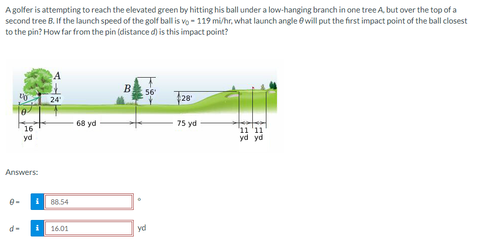 A golfer is attempting to reach the elevated green by hitting his ball under a low-hanging branch in one tree A, but over the top of a
second tree B. If the launch speed of the golf ball is vo= 119 mi/hr, what launch angle will put the first impact point of the ball closest
to the pin? How far from the pin (distance d) is this impact point?
VO
0
0=
16
Answers:
d=
yd
i
A
k
24'
88.54
i 16.01
68 yd
B
56'
yd
28'
75 yd
'11 '11
yd yd