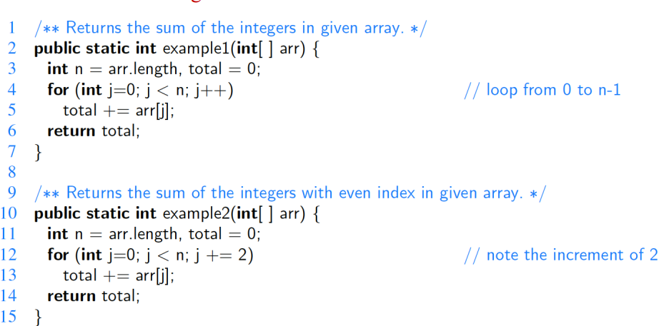 1 /** Returns the sum of the integers in given array.
public static int example1(int[] arr) {
2
3
int n = arr.length, total = 0;
for (int j=0; j<n; j++)
total += arr[j];
return total;
4
5
6
7
8
9 /** Returns the sum of the integers with even index in given array. */
10 public static int example2(int[] arr) {
11
int n = arr.length, total = 0;
}
12
13
14
15 }
for (int j = 0; j<n; j+= 2)
total += arr[j];
// loop from 0 to n-1
return total;
// note the increment of 2