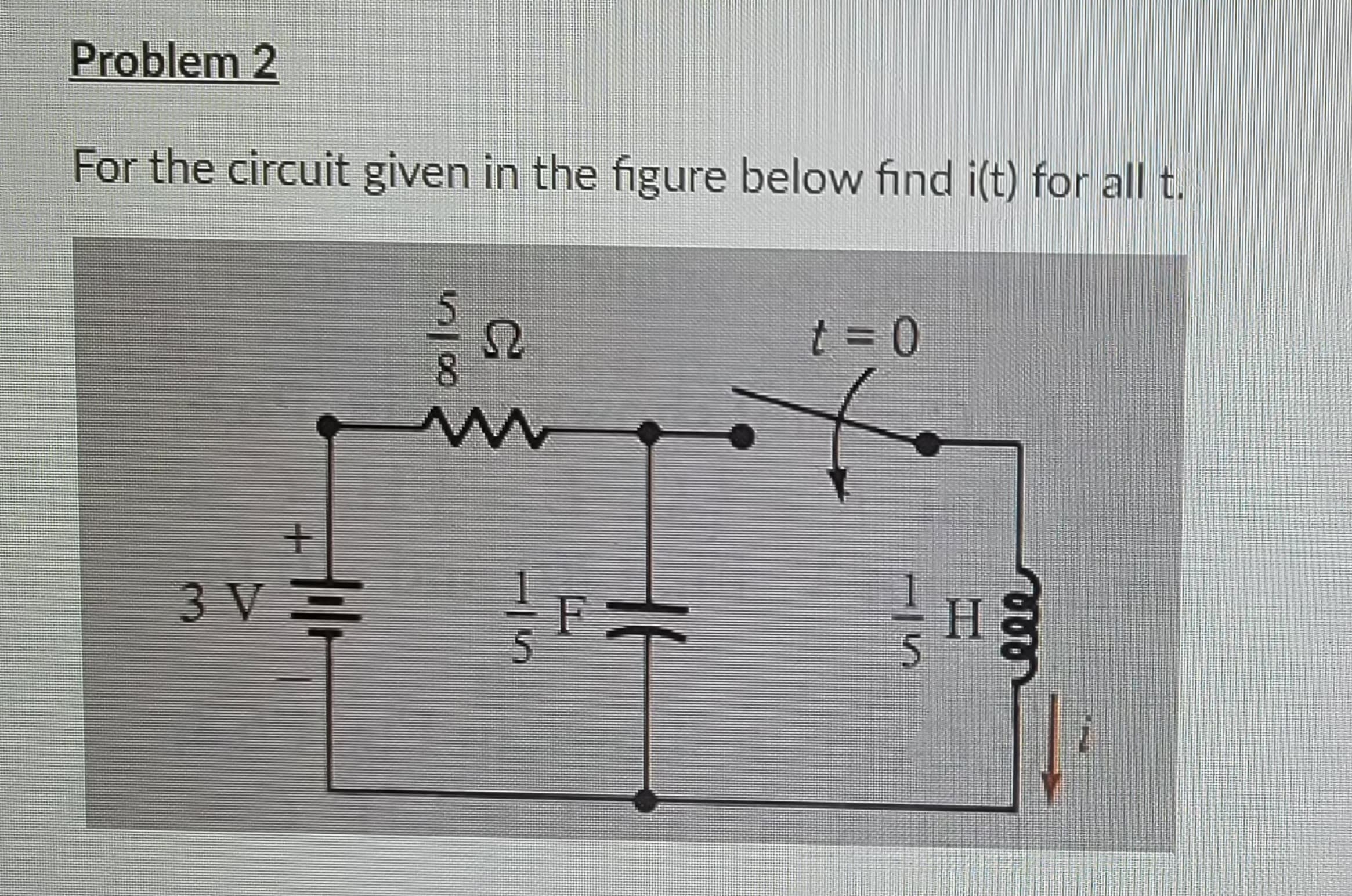 Problem 2
For the circuit given in the figure below find i(t) for all t.
+
3V=
5
8
m
C
1⁄²F =
t = 0
-IS
eee
HE
Η