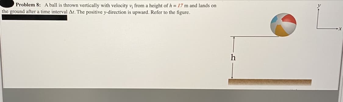 Problem 8: A ball is thrown vertically with velocity v; from a height of h = 17 m and lands on
the ground after a time interval At. The positive y-direction is upward. Refer to the figure.
