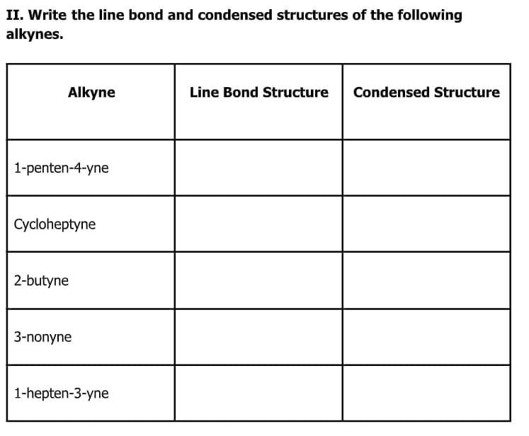 II. Write the line bond and condensed structures of the following
alkynes.
Alkyne
1-penten-4-yne
Cycloheptyne
2-butyne
3-nonyne
1-hepten-3-yne
Line Bond Structure Condensed Structure