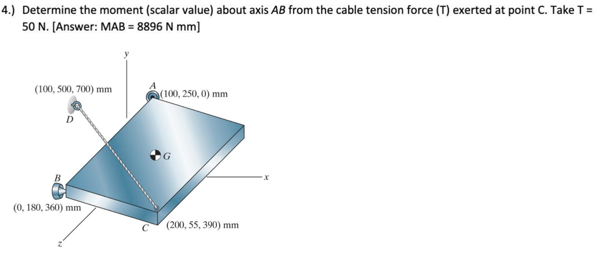 4.) Determine the moment (scalar value) about axis AB from the cable tension force (T) exerted at point C. Take T =
50 N. [Answer: MAB = 8896 N mm]
(100, 500, 700) mm
B
D
(0, 180, 360) mm
Z
y
(100, 250, 0) mm
(200, 55, 390) mm
X