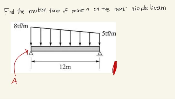 Find the reaction force of point A on the next simple beam
8tf/m
A
ㅠ
12m
5tf/m