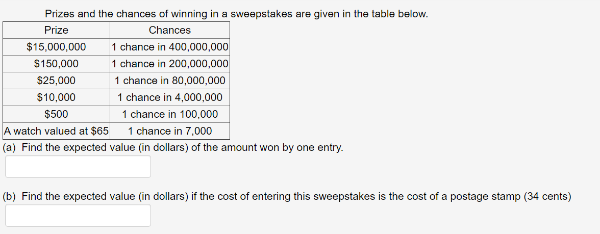 Prizes and the chances of winning in a sweepstakes are given in the table below.
Prize
Chances
1 chance in 400,000,000|
1 chance in 200,000,000|
$15,000,000
$150,000
$25,000
1 chance in 80,000,000
$10,000
1 chance in 4,000,000
$500
1 chance in 100,000
A watch valued at $65
1 chance in 7,000
(a) Find the expected value (in dollars) of the amount won by one entry.
(b) Find the expected value (in dollars) if the cost of entering this sweepstakes is the cost of a postage stamp (34 cents)
