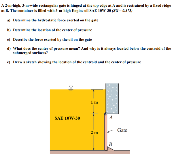 A 2-m-high, 3-m-wide rectangular gate is hinged at the top edge at A and is restrained by a fixed ridge
at B. The container is filled with 3-m-high Engine oil SAE 1oW-30 (SG = 0.875)
a) Determine the hydrostatic force exerted on the gate
b) Determine the location of the center of pressure
c) Describe the force exerted by the oil on the gate
d) What does the center of pressure mean? And why is it always located below the centroid of the
submerged surfaces?
e) Draw a sketch showing the location of the centroid and the center of pressure
1 m
SAE 10W-30
A
Gate
2 m
В
DI
