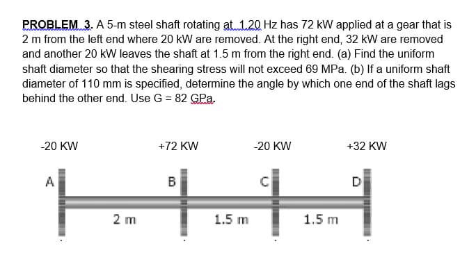 PROBLEM 3. A 5-m steel shaft rotating at 1.20 Hz has 72 kW applied at a gear that is
2 m from the left end where 20 kW are removed. At the right end, 32 kW are removed
and another 20 kW leaves the shaft at 1.5 m from the right end. (a) Find the uniform
shaft diameter so that the shearing stress will not exceed 69 MPa. (b) If a uniform shaft
diameter of 110 mm is specified, determine the angle by which one end of the shaft lags
behind the other end. Use G = 82 GPa.
-20 KW
+72 KW
-20 KW
+32 KW
A
B
C
D
2 m
·
1.5 m
1.5 m