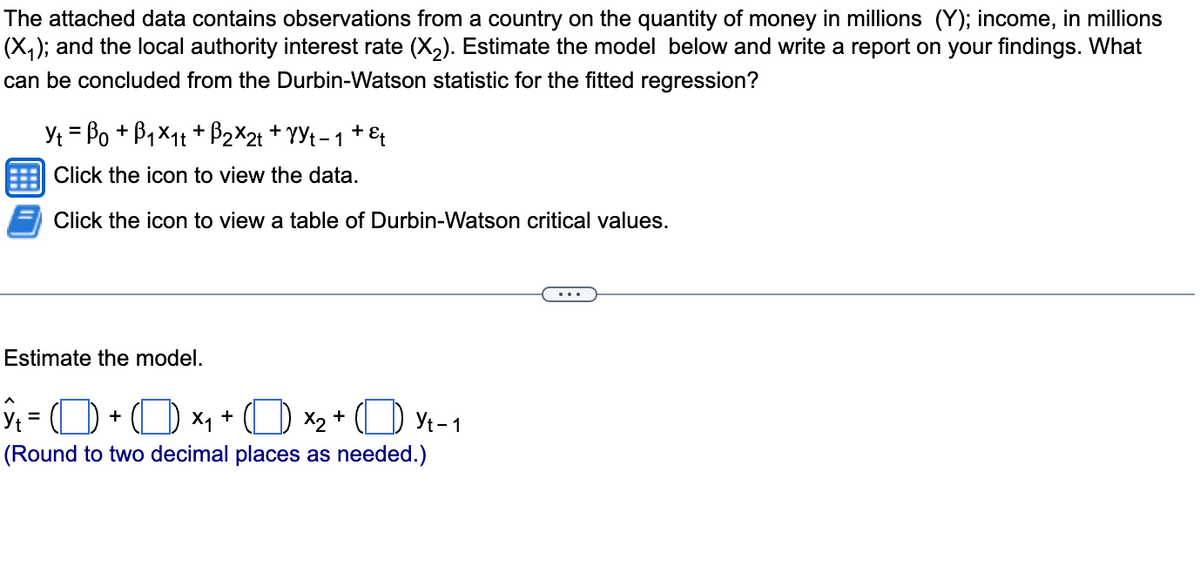 The attached data contains observations from a country on the quantity of money in millions (Y); income, in millions
(✗₁); and the local authority interest rate (X2). Estimate the model below and write a report on your findings. What
can be concluded from the Durbin-Watson statistic for the fitted regression?
=
YtBo+B1x1t+B2×2+ + Yyt− 1 + εt
Click the icon to view the data.
Click the icon to view a table of Durbin-Watson critical values.
Estimate the model.
ŷ₁ = 0 + 0 ×₁ + (1)×2 + (1) Yt-1
(Round to two decimal places as needed.)
...