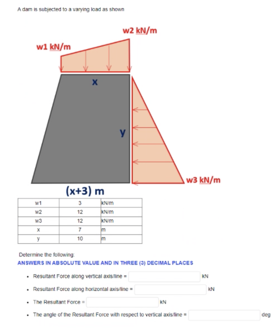 A dam is subjected to a varying load as shown
w1 kN/m
W1
W2
W3
X
y
X
(x+3) m
3
12
12
7
10
kN/m
kN/m
kN/m
m
m
w2 kN/m
w3 kN/m
Determine the following:
ANSWERS IN ABSOLUTE VALUE AND IN THREE (3) DECIMAL PLACES
Resultant Force along vertical axis/line =
Resultant Force along horizontal axis/line =
• The Resultant Force=
• The angle of the Resultant Force with respect to vertical axis/line =
KN
KN
KN
deg