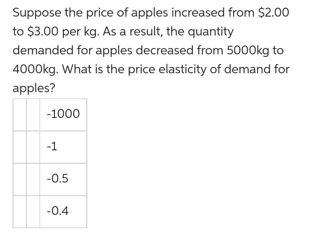 Suppose the price of apples increased from $2.00
to $3.00 per kg. As a result, the quantity
demanded for apples decreased from 5000kg to
4000kg. What is the price elasticity of demand for
apples?
-1000
-1
-0.5
-0.4
