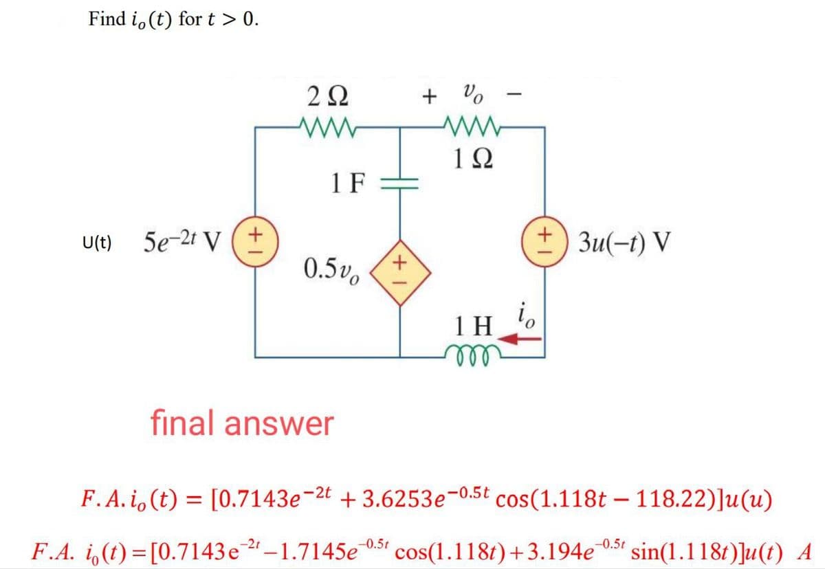 Find i(t) for t > 0.
U(t)
5e-2t V (+
222
www
1 F
0.5%
final answer
+%
192
1H
-
+ 3u(-t) V
F.A. i, (t) = [0.7143e-2t +3.6253e-0.5t cos(1.118t - 118.22)]u(u)
F.A. i(t)=[0.7143 e 2-1.7145e 05t cos(1.118t)+3.194e 0.5t sin(1.118t)]u(t) A