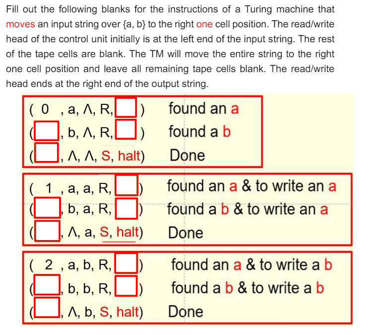 Fill out the following blanks for the instructions of a Turing machine that
moves an input string over {a, b} to the right one cell position. The read/write
head of the control unit initially is at the left end of the input string. The rest
of the tape cells are blank. The TM will move the entire string to the right
one cell position and leave all remaining tape cells blank. The read/write
head ends at the right end of the output string.
(0, a, A, R,
|)
found an a
, b, A, R,L
found a b
Ʌ, A, S, halt)
Done
( 1
a, a, R,
b, a, R,
,
Ʌ, a, S, halt)
found an a & to write an a
found a b & to write an a
Done
found an a & to write a b
found a b & to write a b
( 2, a, b, R,
, b, b, R,
Ʌ, b, S, halt)
Done