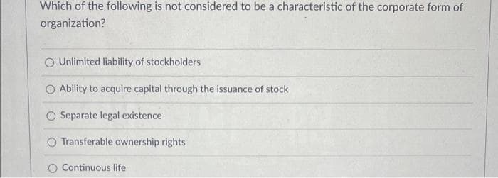 Which of the following is not considered to be a characteristic of the corporate form of
organization?
Unlimited liability of stockholders
O Ability to acquire capital through the issuance of stock
Separate legal existence.
Transferable ownership rights
Continuous life