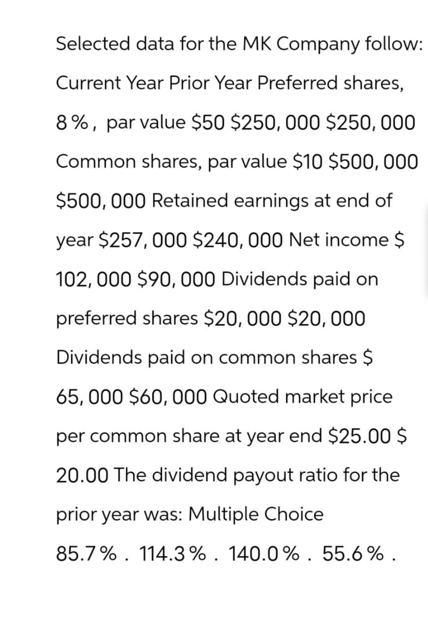 Selected data for the MK Company follow:
Current Year Prior Year Preferred shares,
8%, par value $50 $250, 000 $250,000
Common shares, par value $10 $500, 000
$500,000 Retained earnings at end of
year $257,000 $240, 000 Net income $
102,000 $90,000 Dividends paid on
preferred shares $20,000 $20,000
Dividends paid on common shares $
65,000 $60,000 Quoted market price
per common share at year end $25.00 $
20.00 The dividend payout ratio for the
prior year was: Multiple Choice
85.7%. 114.3% . 140.0 %. 55.6%.