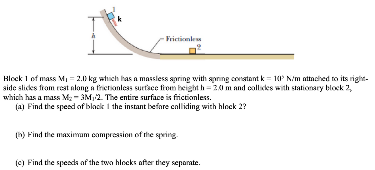 Frictionless
Block 1 of mass M₁ = 2.0 kg which has a massless spring with spring constant k = 105 N/m attached to its right-
side slides from rest along a frictionless surface from height h = 2.0 m and collides with stationary block 2,
which has a mass M2 = 3M1/2. The entire surface is frictionless.
(a) Find the speed of block 1 the instant before colliding with block 2?
(b) Find the maximum compression of the spring.
(c) Find the speeds of the two blocks after they separate.