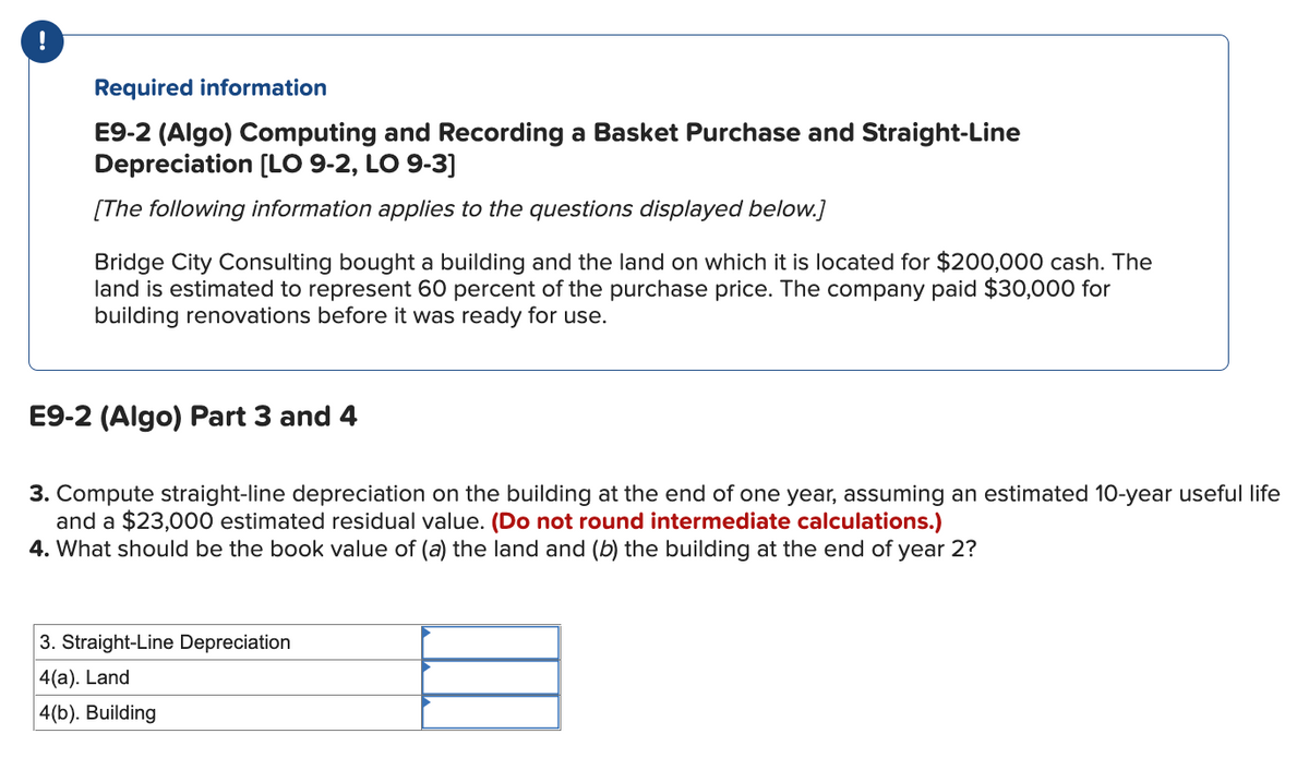 !
Required information
E9-2 (Algo) Computing and Recording a Basket Purchase and Straight-Line
Depreciation [LO 9-2, LO 9-3]
[The following information applies to the questions displayed below.]
Bridge City Consulting bought a building and the land on which it is located for $200,000 cash. The
land is estimated to represent 60 percent of the purchase price. The company paid $30,000 for
building renovations before it was ready for use.
E9-2 (Algo) Part 3 and 4
3. Compute straight-line depreciation on the building at the end of one year, assuming an estimated 10-year useful life
and a $23,000 estimated residual value. (Do not round intermediate calculations.)
4. What should be the book value of (a) the land and (b) the building at the end of year 2?
3. Straight-Line Depreciation
4(a). Land
4(b). Building