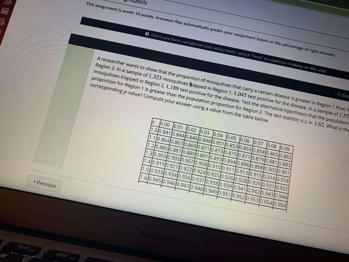 ric
This assignment is worth 10 points. Knewton Alta automatically grades your assignment based on the percentage of right answers.
O Once you have completed your assignment, select "Next" to continue working on this unit
-6 day
A researcher wants to show that the proportion of mosquitoes that carry a certain disease is greater in Region 1 than in
Region 2. In a sample of 1,323 mosquitoes apped in Region 1, 1,045 test positive for the disease. In a sample of 1,55.
mosquitoes trapped in Region 2, 1,189 test positive for the disease. Test the alternative hypothesis that the population
proportion for Region 1 is greater than the population proportion for Region 2. The test statistic is z = 1.62. What is the
corresponding p-value? Compute your answer using a value from the table below.
z 0.00 0.01 0.02 0.03 0.04 0.05 0.06 0.07 0.08 0.09
1.00.841 0.844 0.8460.848 0.851 0.853 0.8550.858 0.8600.862
.864 0.867 0.8690.871 0.8730.875 0.877 0.879 0.881 0.883
1.2 0.885 0.887 0.889 0.891 0.893 0.894 0.896 0.898 0.9000.901
1.30.903 0.905 0.9070.9080.9100.911 0.913 0.915 0.9160.918
1.40.919 0.921 0.922 0.9240.9250.926 0.928 0.929 0.931 0.932
1.1
1.5 0.933 0.934 0.936 0.9370.938 0.939 0.941 0.942 0.943 0.944
1.6 0.945 0.946 0.947 0.948 0.949 0.951 0.952 0.953 0.9540.954
• Previous
MacBook Air
与国
