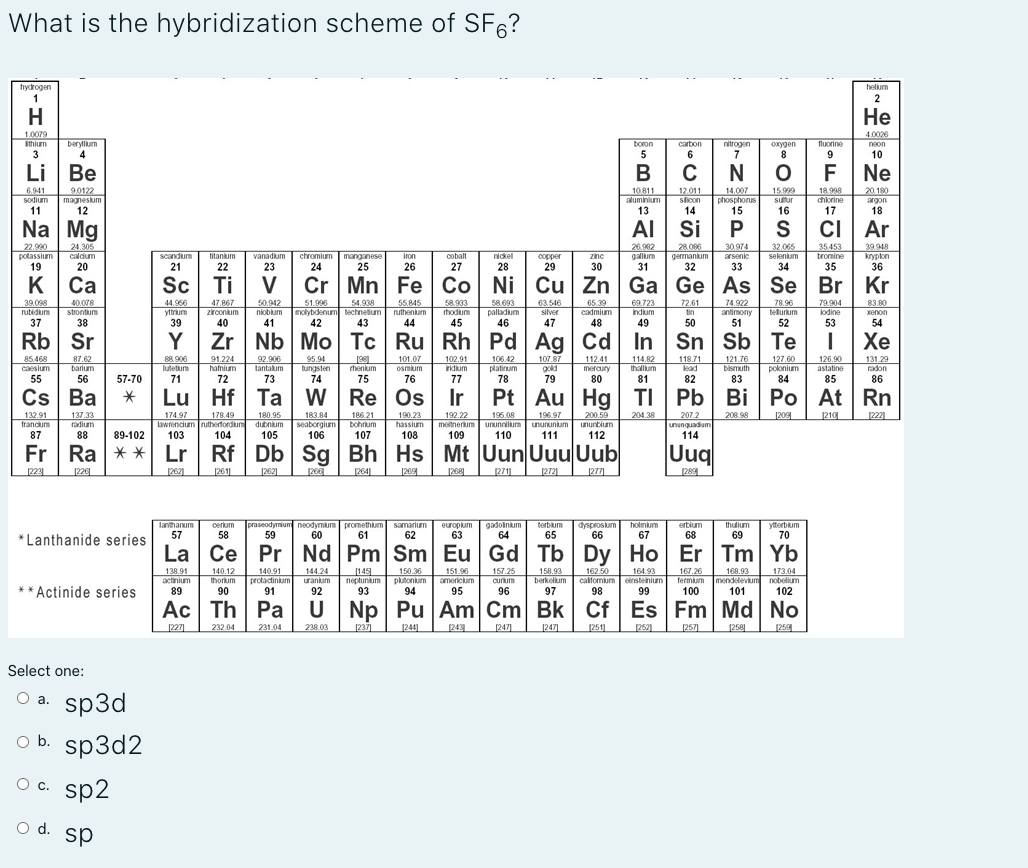 What is the hybridization scheme of SF6?
hydrogen
hellum
H
Не
1.0079
Ithium
3
4.0026
beryllium
boron
nitrogen
fluorine
carbon
oxygen
neon
4
10
Li
Ве
F Ne
6.941
sodium
9.0122
magnesium
12
12.011
slicon
15.999
sutur
10.811
aluminium
18.908
20.180
phosphorus
chlorine
11
Na Mg
AI Si
24.305
22.990
potassium
35453
tromine
35
26.982
28.086
germanium
30.974
32.065
selenium
manganese
25
galium
31
caldum
titankum
vanadium
chromium
iron
copper
zinc
arsenie
kryplon
19
20
21
26
27
29
30
Са
Co Ni Cu Zn
Ga
Kr
55.845
ruthenium
58.693
palladum
79.904
50.942
nioblum
国
39.098
rutidium
40.078
strontum
51.996
molybdenum technetium
42
54.938
58.933
hodium
63.546
silver
65.39
cadmium
72.61
tin
78.96
tellurum
yttrum
ziroonium
Indium
antimony
iodine
xenon
44
53
Rb
Nb Mo Tc Ru Rh Pd Ag Cd
88 906
lutetkum
127.60
polonium
131.29
87.62
barium
91.224
hafnium
92.906
tantalum
95.94
102.91
106.42
107.87
112.41
114.82
thallum
118.71
lead
121.76
bismuth
caesium
tungsten
rhenium
osmium
platinum
gold
mercury
80
astatine
71
72
75
76
85
Ta W Re Os Ir
TI
Rn
132.91
francum
178.49
lawrendum rutherfordium
104
192.22
meitnerium
196.08
ununnilium
196.97
unununium
200,59
ununbium
137.33
183.84
seaborgium
190.23
hassium
204.38
207.2
208.98
209
radium
dubnium
bohrium
89-102
unpenbunun
87
88
107
108
109
111
112
114
Fr
Ra l**
Lr Rf Db Sg Bh Hs
Mt Uun Uuu Uub
Uuq
22
220
261]
262|
271
2721
277
289
lanthanum
praseodymium neodymium promethium samarium
61
gadolnium
terbium
65
cerum
thưlium
ytterbium
europlum
63
dysprosium
66
erbium
62
67
*Lanthanide series
La Ce Pr Nd Pm Sm Eu Gd Tb Dy
Ho Er Tm Yb
Но
16250
138.91
actinium
140.12
144.24
protactinium uranium
[149
neptunium
150.36
plutonum
94
151.96
americium
158.93
164.93
calformium einsteinium
98
167.26
fermium
168.93
mendelevium nobelium
173.04
curium
** Actinide series
90
95
99
100
U Np Pu Am Cm Bk Cf
Es Fm Md No
227)
232.04
247]
2521
[258
[259
Select one:
sp3d
O b. sp3d2
Ос.
sp2
o d. sp
