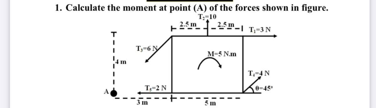 1. Calculate the moment at point (A) of the forces shown in figure.
T;=10
2.5 m
1-2.5 m-1 T;=3 N
T
T3=6 N
M=5 N.m
T=4 N
T;=2 N
0=45°
A
3 m
5 m
