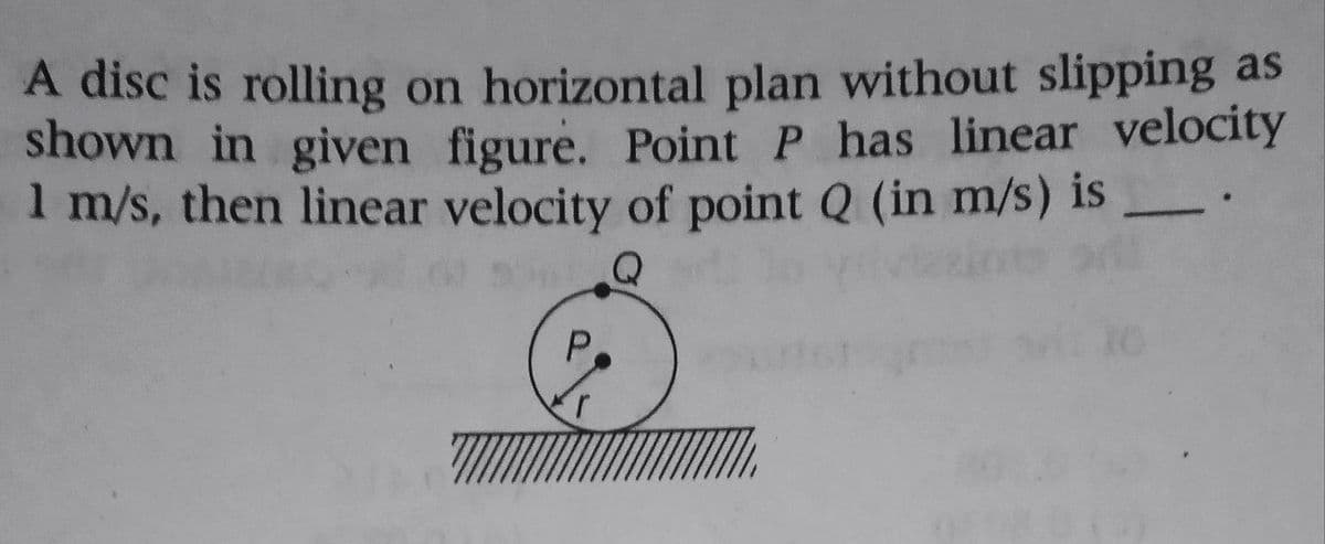 A disc is rolling on horizontal plan without slipping as
shown in given figure. Point P has linear velocity
1 m/s, then linear velocity of point Q (in m/s) is
P.

