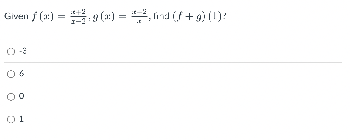 Given f (x)
0 1
=
x+2
+2, g(x) = ²+², find (ƒ + g) (1)?
x-2
X