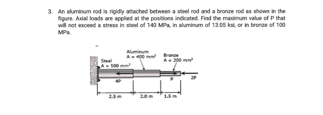 3. An aluminum rod is rigidly attached between a steel rod and a bronze rod as shown in the
figure. Axial loads are applied at the positions indicated. Find the maximum value of P that
will not exceed a stress in steel of 140 MPa, in aluminum of 13.05 ksi, or in bronze of 100
MPа.
Aluminum
A = 400 mm?
Bronze
A = 200 mm
Steel
A = 500 mm?
2P
4D
2.5 m
2.0 m
1.5 m
