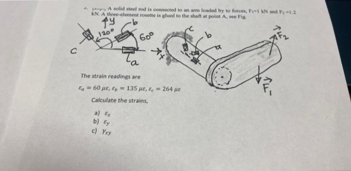 2. A solid steel rod is connected to an arm loaded by to forces, F-1 kN and F₁ -1.2
kN. A three-element rosette is glued to the shaft at point A, see Fig.
fy
60°
120°
xx
The strain readings are
€g = 60 με, €g = 135 με, ξ = 264 με
Calculate the strains,
a) Ex
b) Ey
c) Yxy
_TY