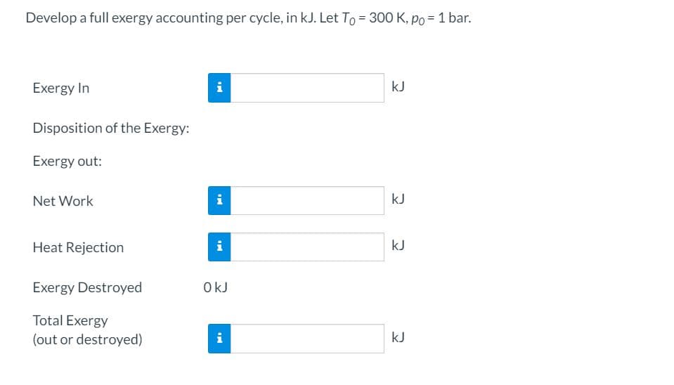 Develop a full exergy accounting per cycle, in kJ. Let To = 300 K, po = 1 bar.
Exergy In
i
kJ
Disposition of the Exergy:
Exergy out:
Net Work
i
kJ
Heat Rejection
i
kJ
Exergy Destroyed
OkJ
Total Exergy
(out or destroyed)
i
kJ
