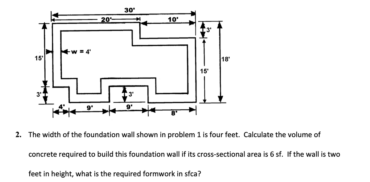 15'
3'
W = 4'
9'
20¹
30'
3'
9'
10'
8'
15'
18'
2. The width of the foundation wall shown in problem 1 is four feet. Calculate the volume of
concrete required to build this foundation wall if its cross-sectional area is 6 sf. If the wall is two
feet in height, what is the required formwork in sfca?