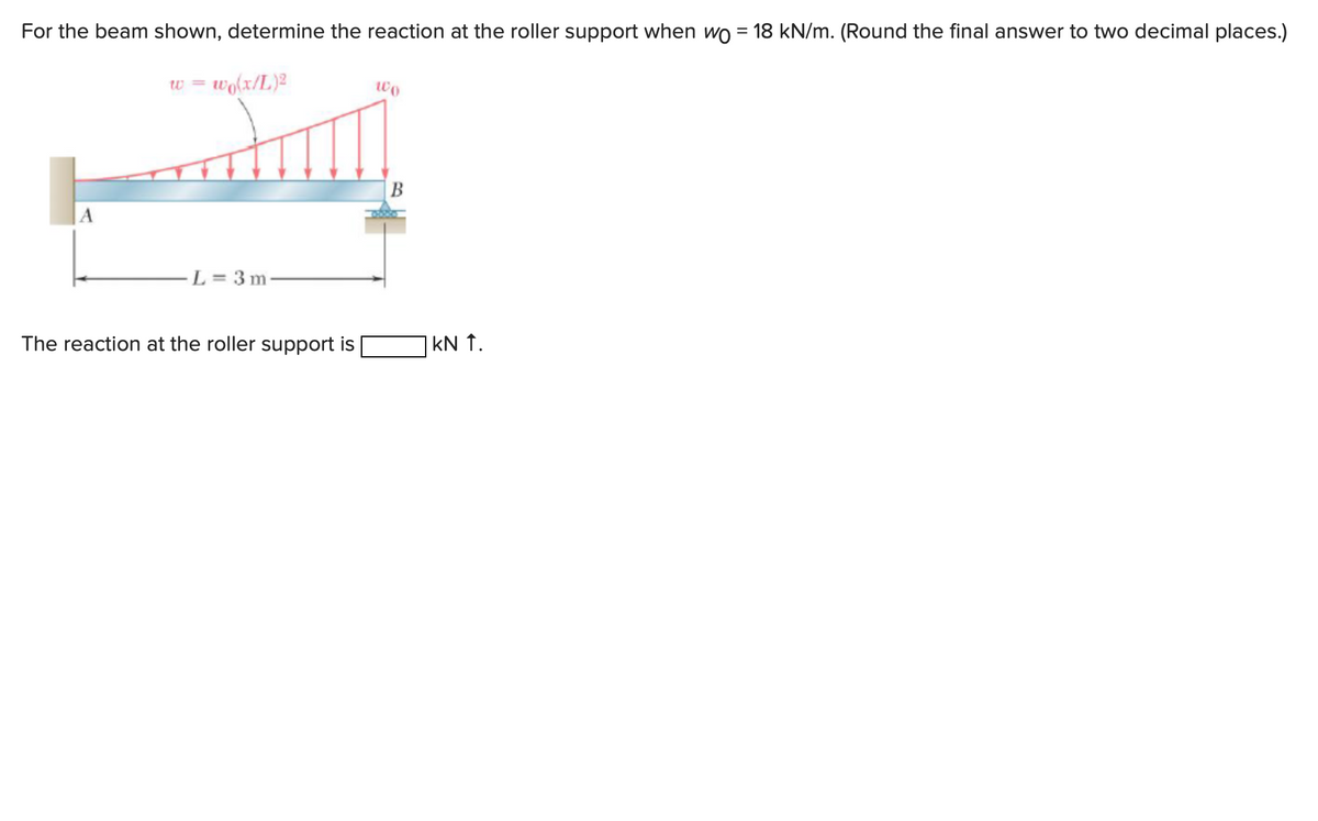 For the beam shown, determine the reaction at the roller support when wo = 18 kN/m. (Round the final answer to two decimal places.)
w = w₁(x/L)²
L=3m
The reaction at the roller support is
100
B
| kN ↑.
