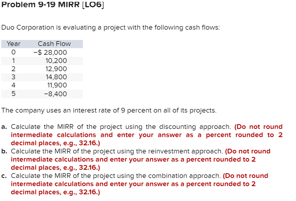 Problem 9-19 MIRR [LO6]
Duo Corporation is evaluating a project with the following cash flows:
Year
012345
Cash Flow
-$ 28,000
10,200
12,900
14,800
11,900
-8,400
The company uses an interest rate of 9 percent on all of its projects.
a. Calculate the MIRR of the project using the discounting approach. (Do not round
intermediate calculations and enter your answer as a percent rounded to 2
decimal places, e.g., 32.16.)
b. Calculate the MIRR of the project using the reinvestment approach. (Do not round
intermediate calculations and enter your answer as a percent rounded to 2
decimal places, e.g., 32.16.)
c. Calculate the MIRR of the project using the combination approach. (Do not round
intermediate calculations and enter your answer as a percent rounded to 2
decimal places, e.g., 32.16.)