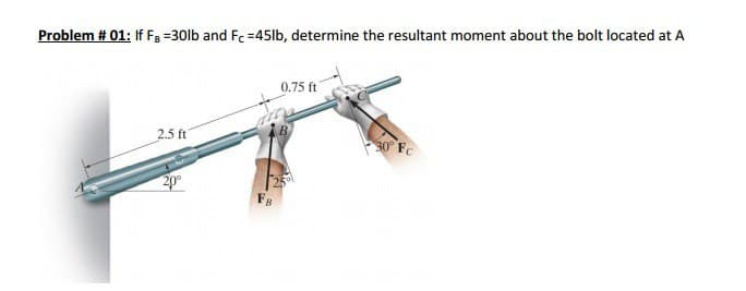 Problem # 01: If F₂ =30lb and Fc =45lb, determine the resultant moment about the bolt located at A
2.5 ft
20⁰
0.75 ft
30° Fc