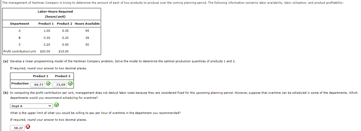 The management of Hartman Company is trying to determine the amount of each of two products to produce over the coming planning period. The following information concerns labor availability, labor utilization, and product profitability:
Labor-Hours Required
Department
A
B
с
(hours/unit)
Product 1 Product 2 Hours Available
Production
1.00
0.30
Profit contribution/unit $30.00
0.20
38.27
0.35
0.20
0.50
$15.00
(a) Develop a linear programming model of the Hartman Company problem. Solve the model to determine the optimal production quantities of products 1 and 2.
If required, round your answer to two decimal places.
Product 1 Product 2
69.77 M
95
72.09
38
50
(b) In computing the profit contribution per unit, management does not deduct labor costs because they are considered fixed for the upcoming planning period. However, suppose that overtime can be scheduled in some of the departments. Which
departments would you recommend scheduling for overtime?
Dept A
What is the upper limit of what you would be willing to pay per hour of overtime in the department you recommended?
If required, round your answer to two decimal places.