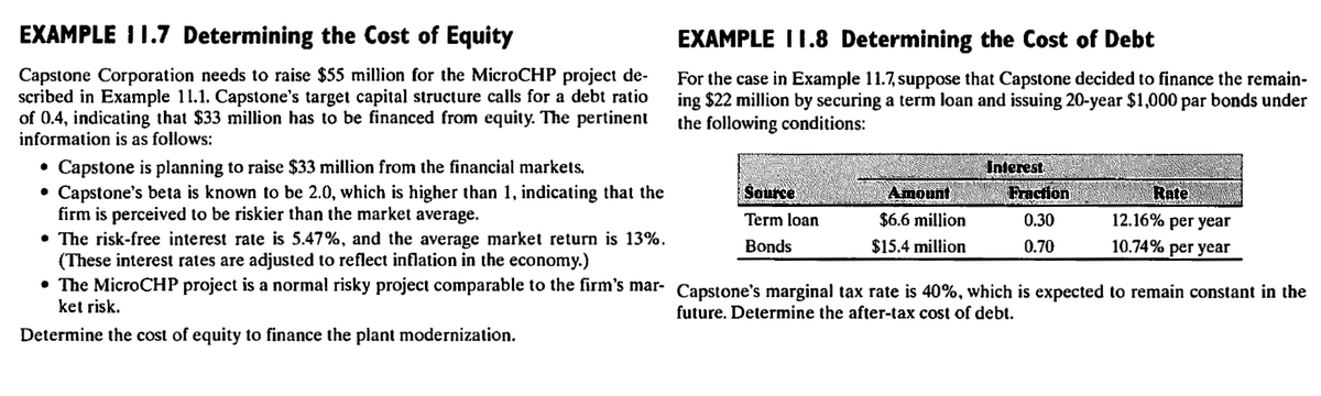 EXAMPLE I1.7 Determining the Cost of Equity
EXAMPLE I1.8 Determining the Cost of Debt
Capstone Corporation needs to raise $55 million for the MicroCHP project de-
scribed in Example 11.1. Capstone's target capital structure calls for a debt ratio
of 0.4, indicating that $33 million has to be financed from equity. The pertinent
information is as follows:
For the case in Example 11.7, suppose that Capstone decided to finance the remain-
ing $22 million by securing a term loan and issuing 20-year $1,000 par bonds under
the following conditions:
Capstone is planning to raise $33 million from the financial markets.
• Capstone's beta is known to be 2.0, which is higher than 1, indicating that the
firm is perceived to be riskier than the market average.
• The risk-free interest rate is 5.47%, and the average market return is 13%.
(These interest rates are adjusted to reflect inflation in the economy.)
• The MicroCHP project is a normal risky project comparable to the firm's mar- Capstone's marginal tax rate is 40%, which is expected to remain constant in the
Interest
Source
Amount
Fraction
Rate
Term loan
$6.6 million
0.30
12.16% per year
Bonds
$15.4 million
0.70
10.74% per year
ket risk.
future. Determine the after-tax cost of debt.
Determine the cost of equity to finance the plant modernization.
