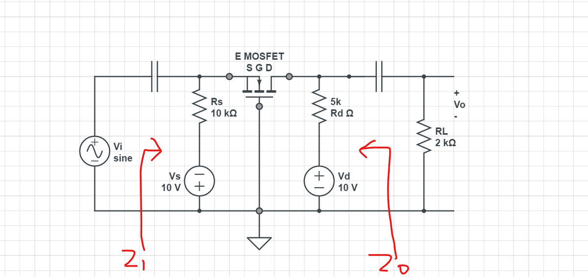 E MOSFET
SGD
+
Rs
5k
Vo
10 kQ
Rd 2
RL
2 kQ
Vi
sine
Vs
+
Vd
10 V
10 V
